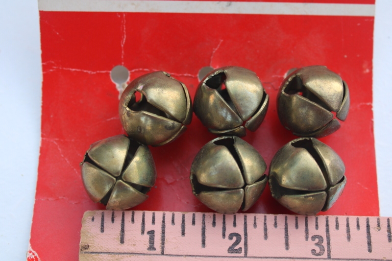 photo of big old brass plated steel jingle bells, Christmas craft sleigh bells on vintage card #3