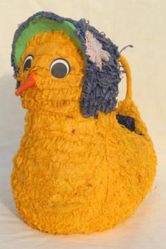 catalog photo of big old crepe paper Easter basket chick, pinata style papier mache vintage Easter decoration