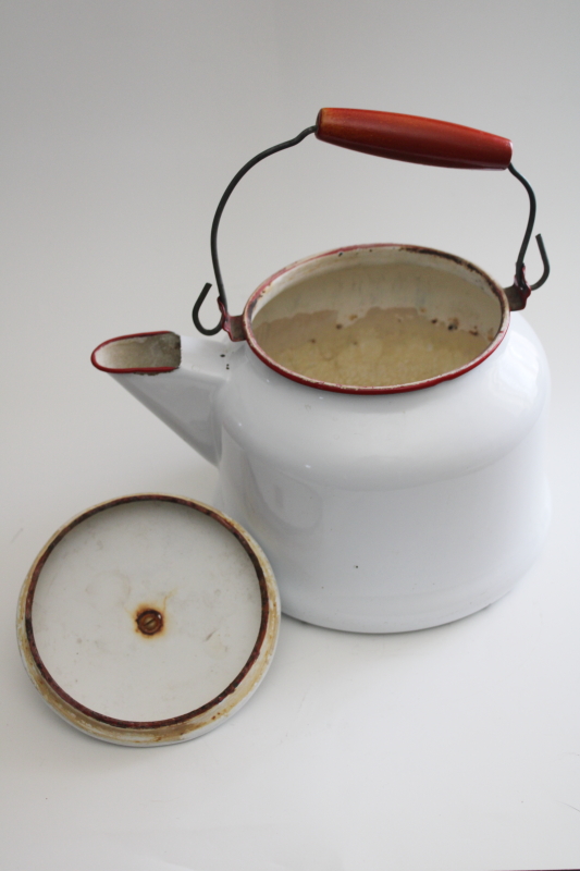 photo of big old enamel ware tea kettle w/ wire bail wood handle, country farmhouse flower pot planter #4