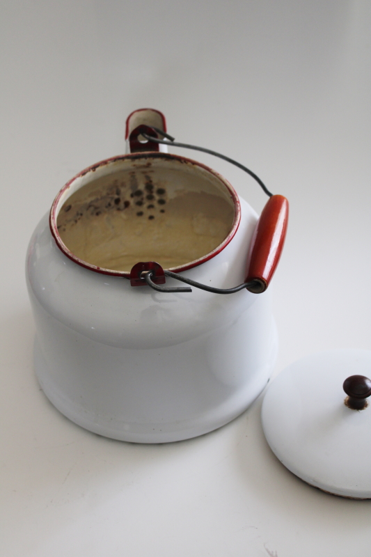 photo of big old enamel ware tea kettle w/ wire bail wood handle, country farmhouse flower pot planter #7