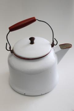 catalog photo of big old enamel ware tea kettle w/ wire bail wood handle, country farmhouse flower pot planter