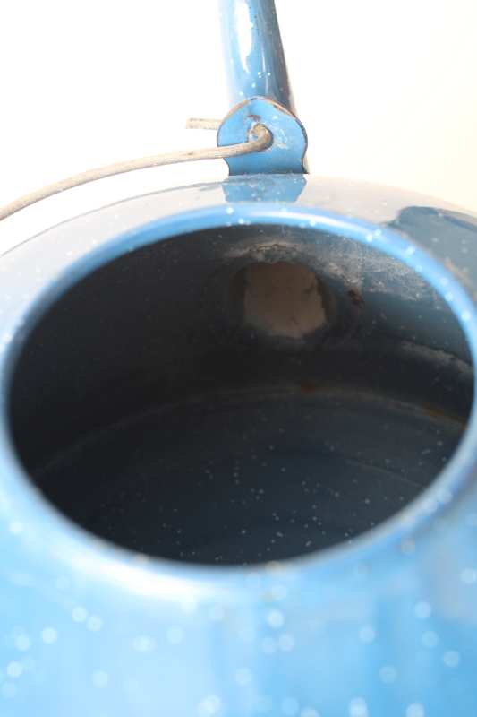 photo of big old enamelware tea kettle, blue & white spatterware enamel w/ wire bail handle #4