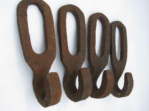 photo of big old farm primitive forged iron wall hooks, vintage hardware lot #1