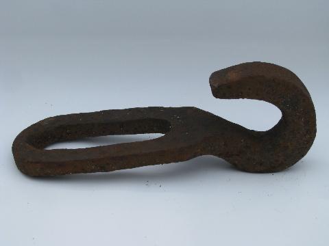 photo of big old farm primitive forged iron wall hooks, vintage hardware lot #2