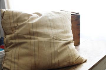 catalog photo of big old feather pillow, square cushion primitive vintage brown stripe cotton ticking