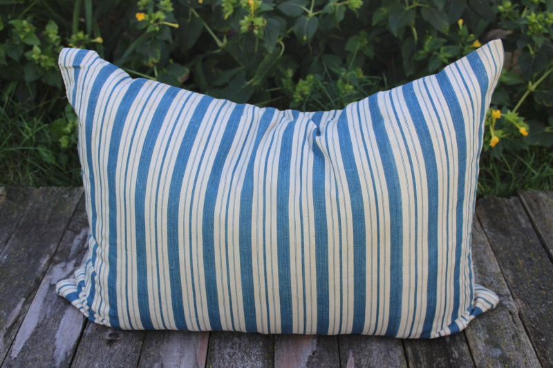 photo of big old feather pillow, wide blue stripe vintage cotton ticking fabric #1