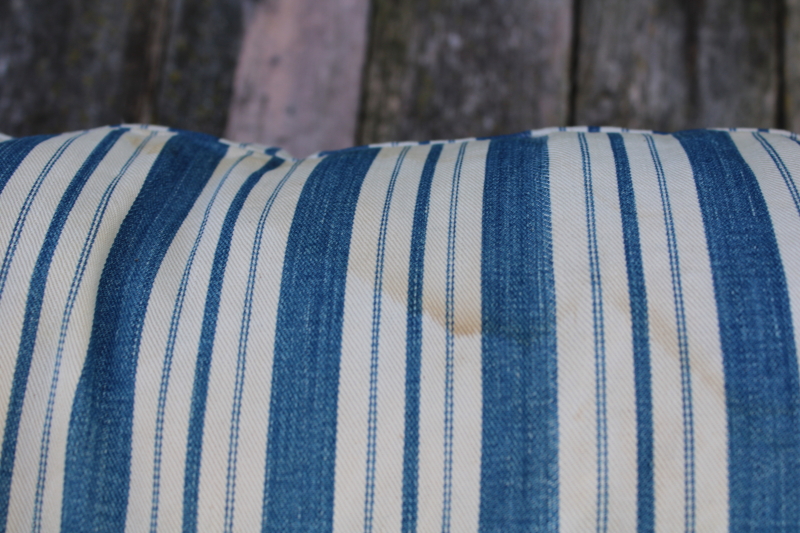 photo of big old feather pillow, wide blue stripe vintage cotton ticking fabric #4