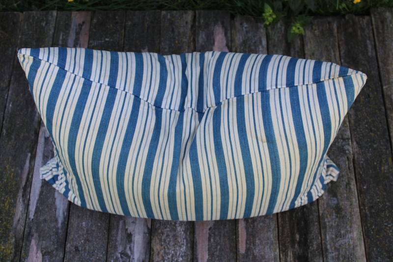 photo of big old feather pillow, wide blue stripe vintage cotton ticking fabric #5