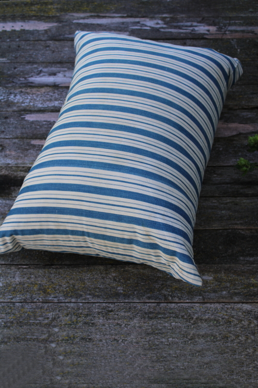 photo of big old feather pillow, wide blue stripe vintage cotton ticking fabric #6