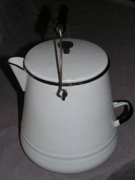 catalog photo of big old graniteware coffee pot for cabin or lodge