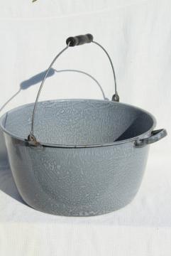 catalog photo of big old grey graniteware enamel kettle, bail handle cooking pot, vintage enamelware