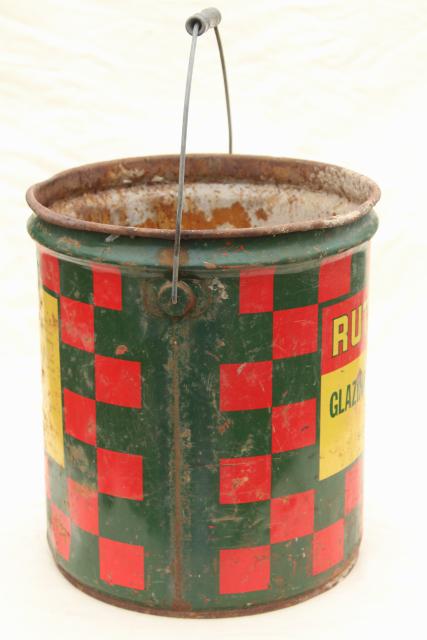 photo of big old metal bucket, Rutland red & green checkerboard plaid paint rustic vintage Christmas #4