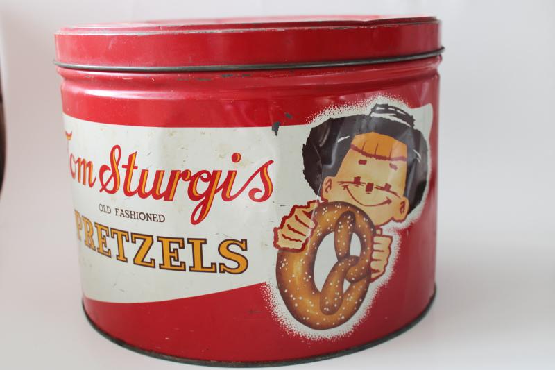 photo of big old metal tin from pretzels, Amish boy graphics Pennsylvania Dutch country #1