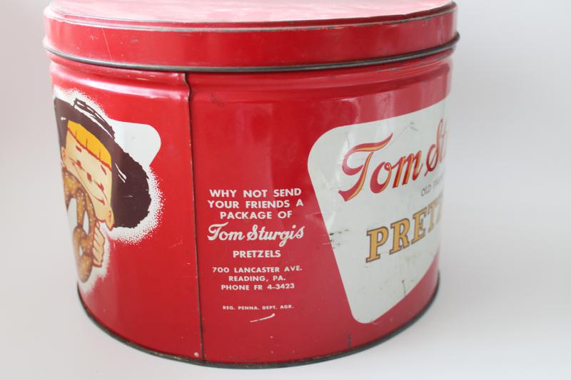 photo of big old metal tin from pretzels, Amish boy graphics Pennsylvania Dutch country #2