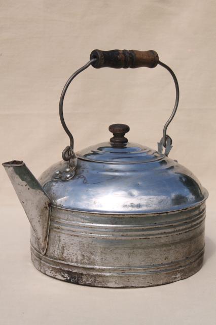 photo of big old one gallon tea kettle, vintage Revere teakettle w/ primitive bail wood handle #1