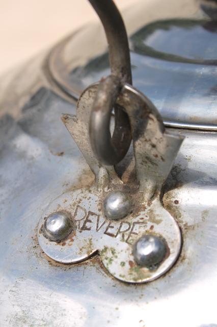 photo of big old one gallon tea kettle, vintage Revere teakettle w/ primitive bail wood handle #2