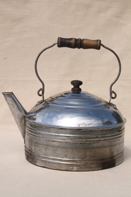 photo of big old one gallon tea kettle, vintage Revere teakettle w/ primitive bail wood handle #5