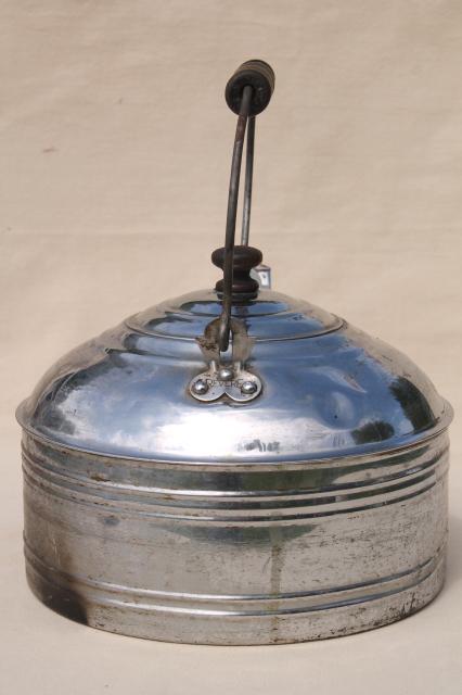 photo of big old one gallon tea kettle, vintage Revere teakettle w/ primitive bail wood handle #6