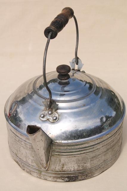 photo of big old one gallon tea kettle, vintage Revere teakettle w/ primitive bail wood handle #9