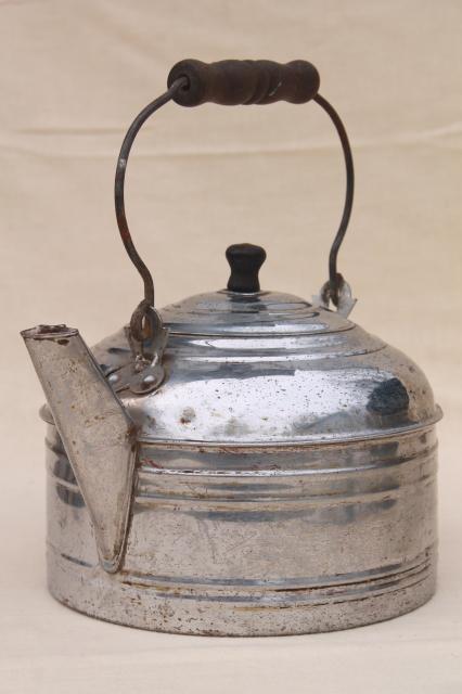 photo of big old one gallon tea kettle, vintage Revere teakettle w/ primitive bail wood handle #1