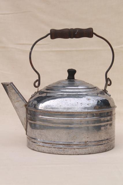 photo of big old one gallon tea kettle, vintage Revere teakettle w/ primitive bail wood handle #3