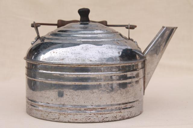 photo of big old one gallon tea kettle, vintage Revere teakettle w/ primitive bail wood handle #5