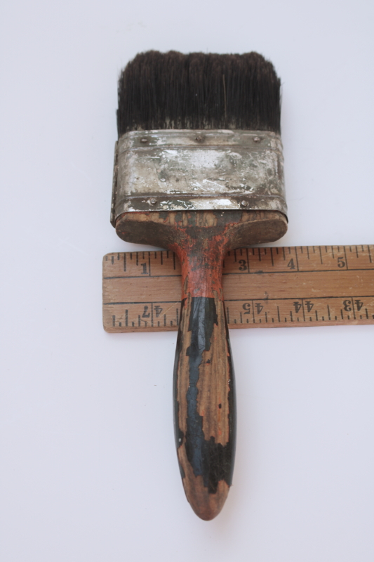 photo of big old paintbrush for rustic display, vintage brush with worn painted wood handle  #2