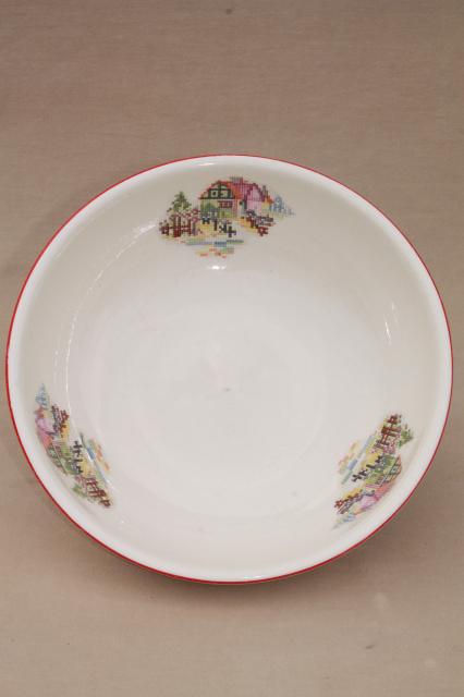 photo of big old pottery mixing bowl, cross-stitch petit point cottage home sweet home pattern #1