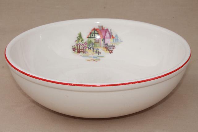 photo of big old pottery mixing bowl, cross-stitch petit point cottage home sweet home pattern #5