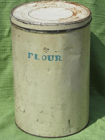 photo of big old primitive tin, vintage cream paint canister lettered Flour #1