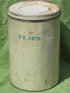 catalog photo of big old primitive tin, vintage cream paint canister lettered Flour