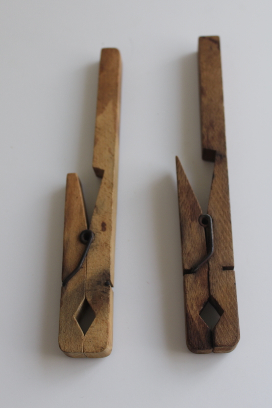 photo of big old primitive wood spring clips giant clothespins, rustic vintage farmhouse decor  #3