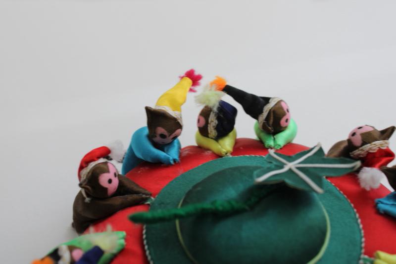 photo of big old round Chinese satin pincushion w/ ring of worry dolls tiny monkeys in hats #5