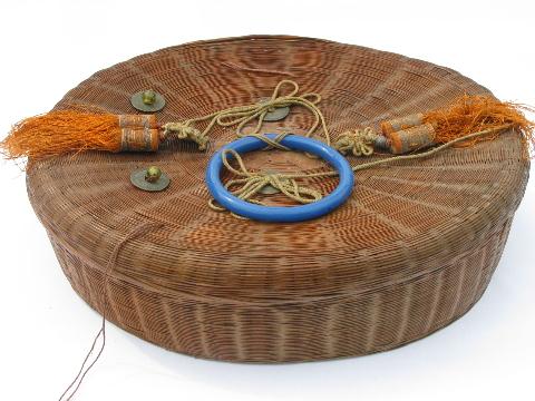 photo of big old round wicker sewing basket w/ tassels, chinese coins #1