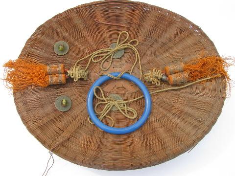 photo of big old round wicker sewing basket w/ tassels, chinese coins #2