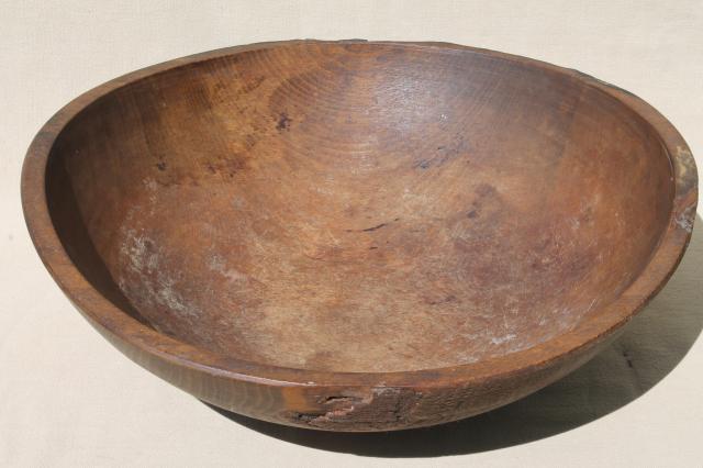 photo of big old rustic wood bowl, antique vintage farmhouse kitchen primitive bowl out of round #2