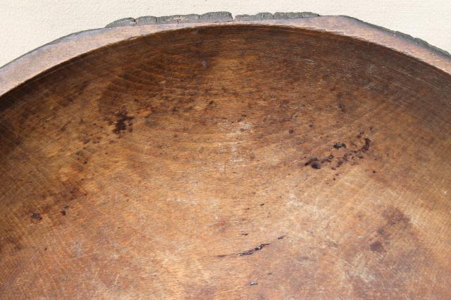 photo of big old rustic wood bowl, antique vintage farmhouse kitchen primitive bowl out of round #4