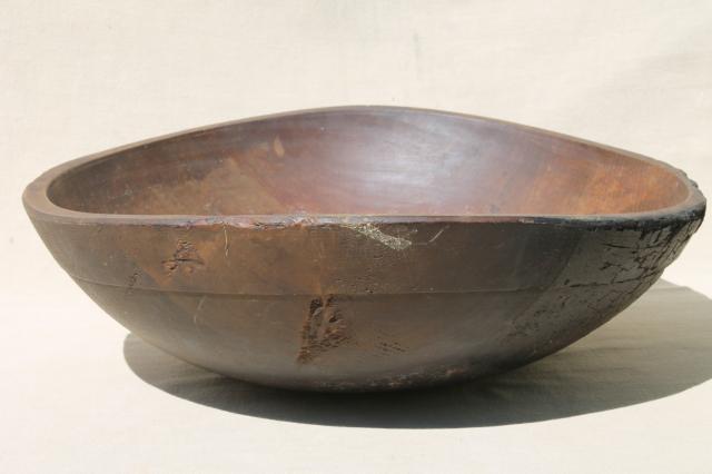 photo of big old rustic wood bowl, antique vintage farmhouse kitchen primitive bowl out of round #5