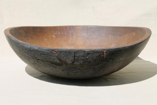 photo of big old rustic wood bowl, antique vintage farmhouse kitchen primitive bowl out of round #6