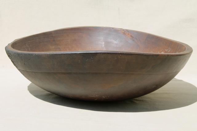 photo of big old rustic wood bowl, antique vintage farmhouse kitchen primitive bowl out of round #7