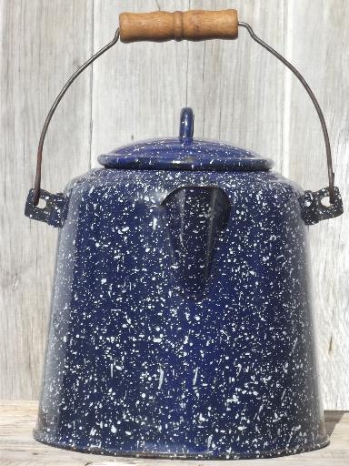 photo of big old spatterware enamel coffee pot, camping coffee pot with wire handle  #2