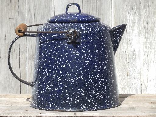 photo of big old spatterware enamel coffee pot, camping coffee pot with wire handle  #3