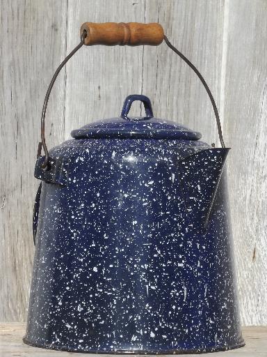 photo of big old spatterware enamel coffee pot, camping coffee pot with wire handle  #7