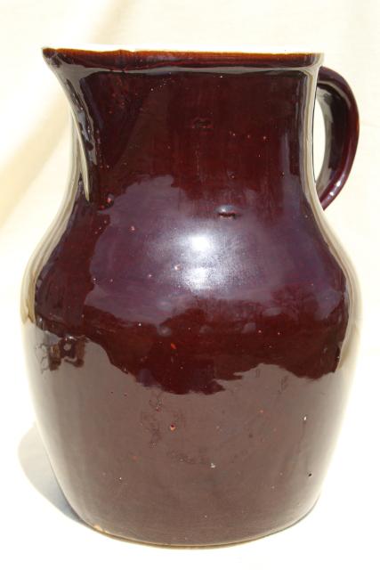 photo of big old stoneware pitcher, rustic brown glazed pottery vintage half gallon jug #1