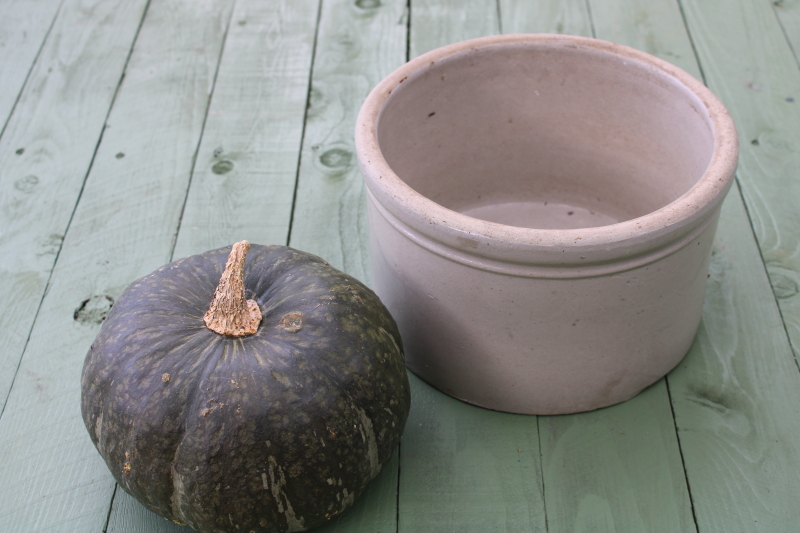 photo of big old stoneware pottery butter crock, natural off white color vintage farmhouse cottage decor  #1