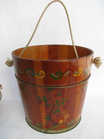 photo of big old wood barrel butter bucket, 1950's vintage folk painting #1