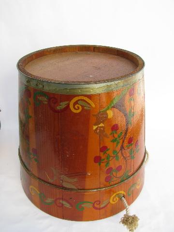 photo of big old wood barrel butter bucket, 1950's vintage folk painting #2