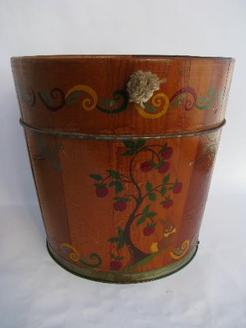 photo of big old wood barrel butter bucket, 1950's vintage folk painting #3