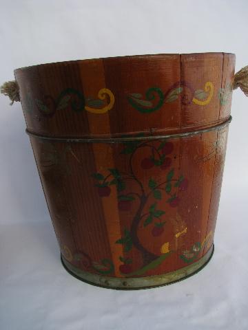 photo of big old wood barrel butter bucket, 1950's vintage folk painting #4