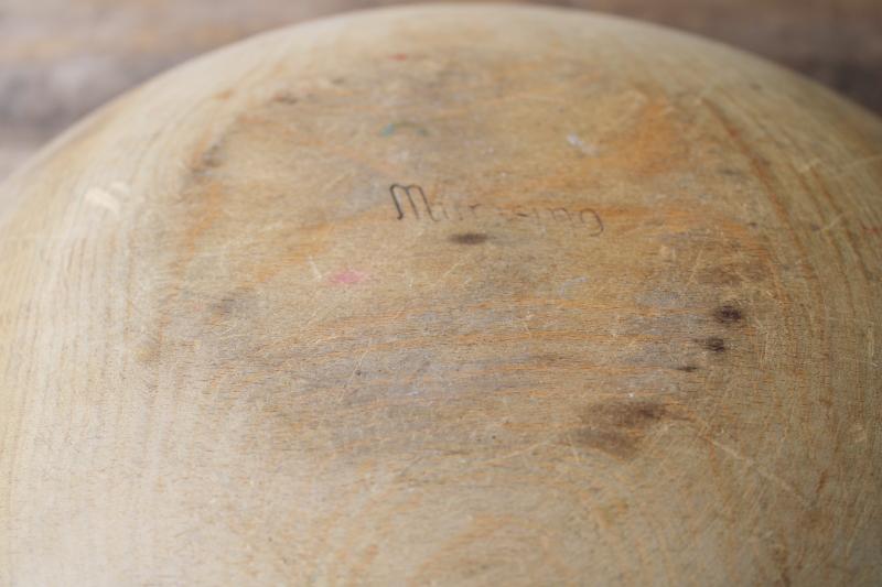 photo of big old wood dough bowl, vintage Munising wood bowl w/ hanging hole to hang on wall #5